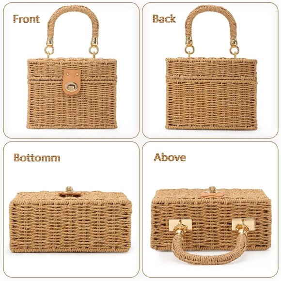 Women Straw Handwoven Tote Bag Square Boho Crossbody for Summer Beach - Picture 4 of 7